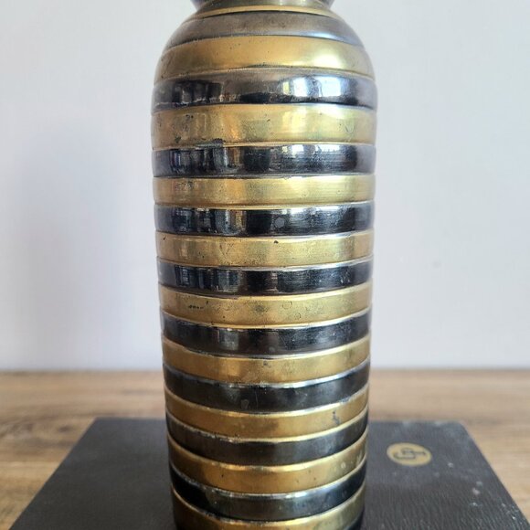 Vintage 7.5 Tall Solid Brass Vase with Black and Gold Striped Design. - Picture 2 of 6